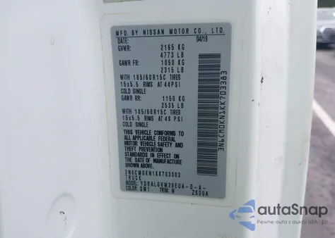 2019 Nissan Nv200 2.5S/2.5Sv z USA, uszkodzony, nr VIN 3N6CM0KN1KK703383